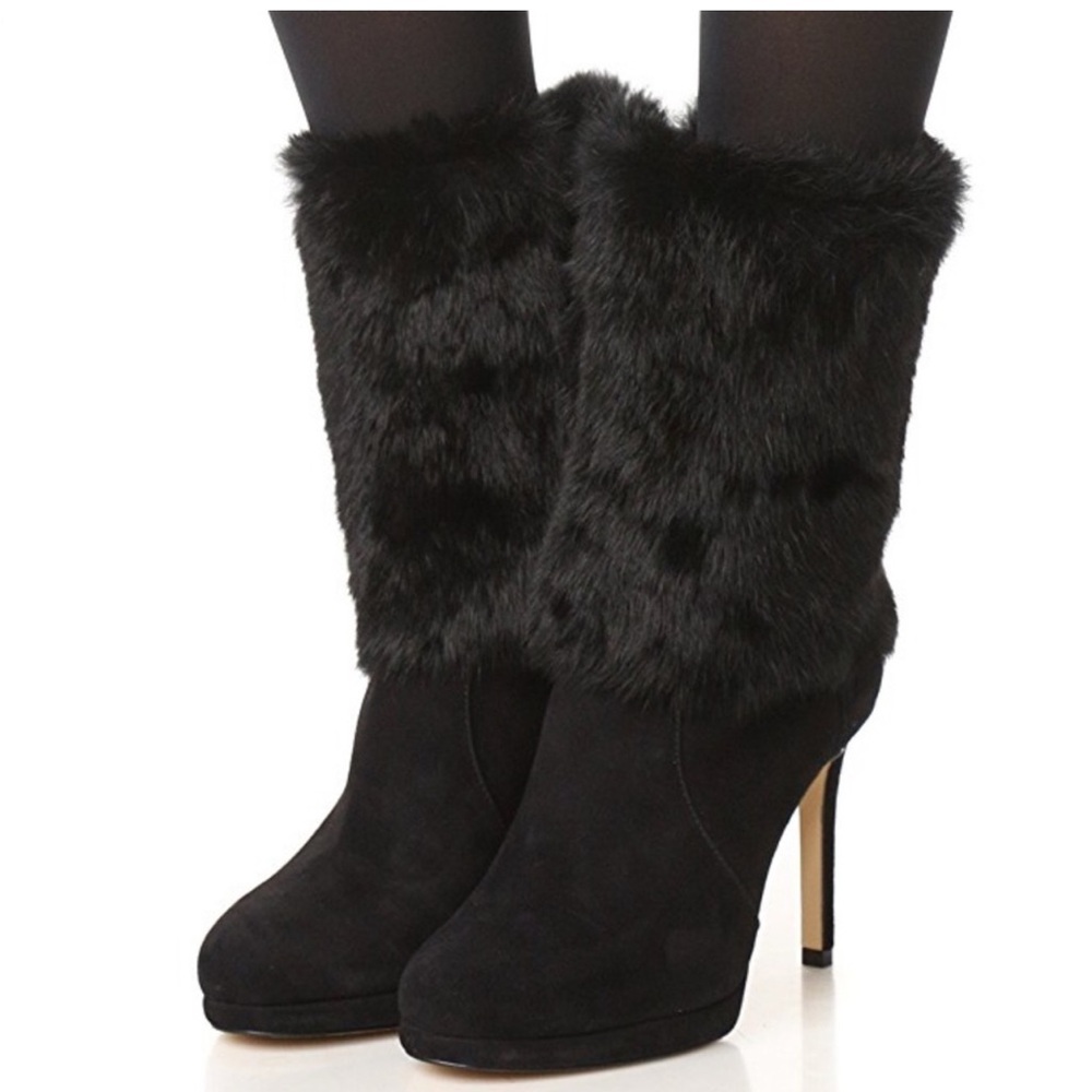 Michael Kors Black Heeled Boots with Plush Fur Trim
